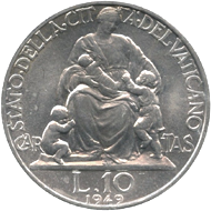 10 Lire Città del Vaticano Pio XII tipo III verso