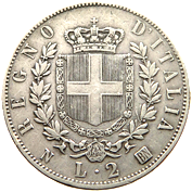 2 Lire Regno Italia Vittorio Emanuele II stemma verso