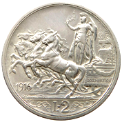 2 Lire Regno Italia Vittorio Emanuele III Quadriga briosa verso